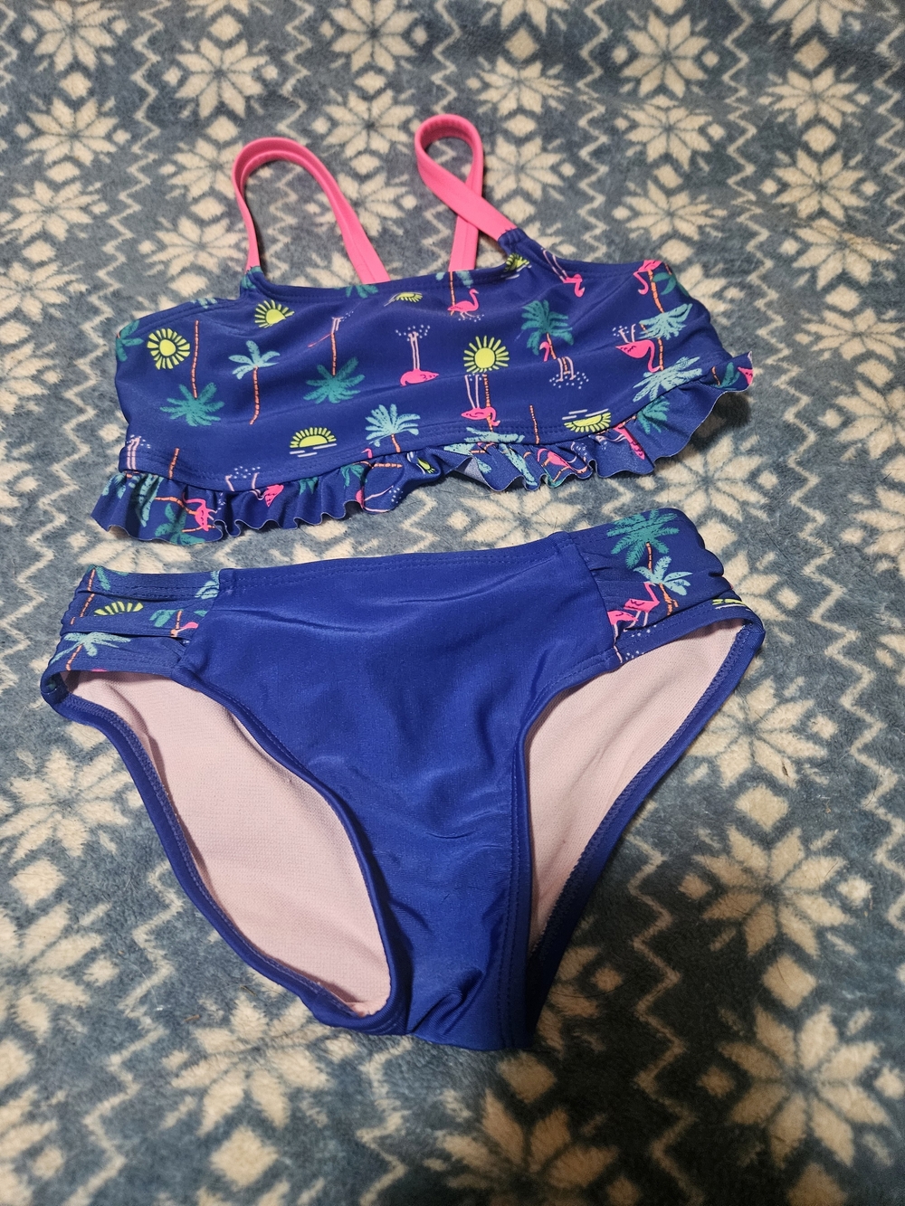 Cat & Jack Blue Tropical Print Two-Piece Bikini with Pink Straps